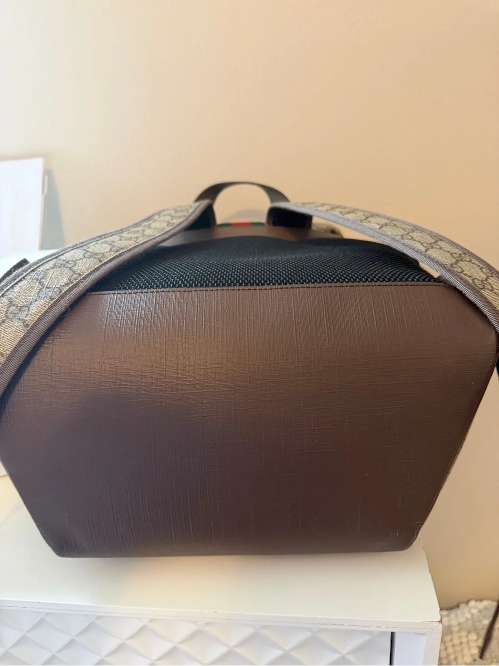 Gucci Brown/Beige GG Canvas Backpack with Signature Green-Red Web